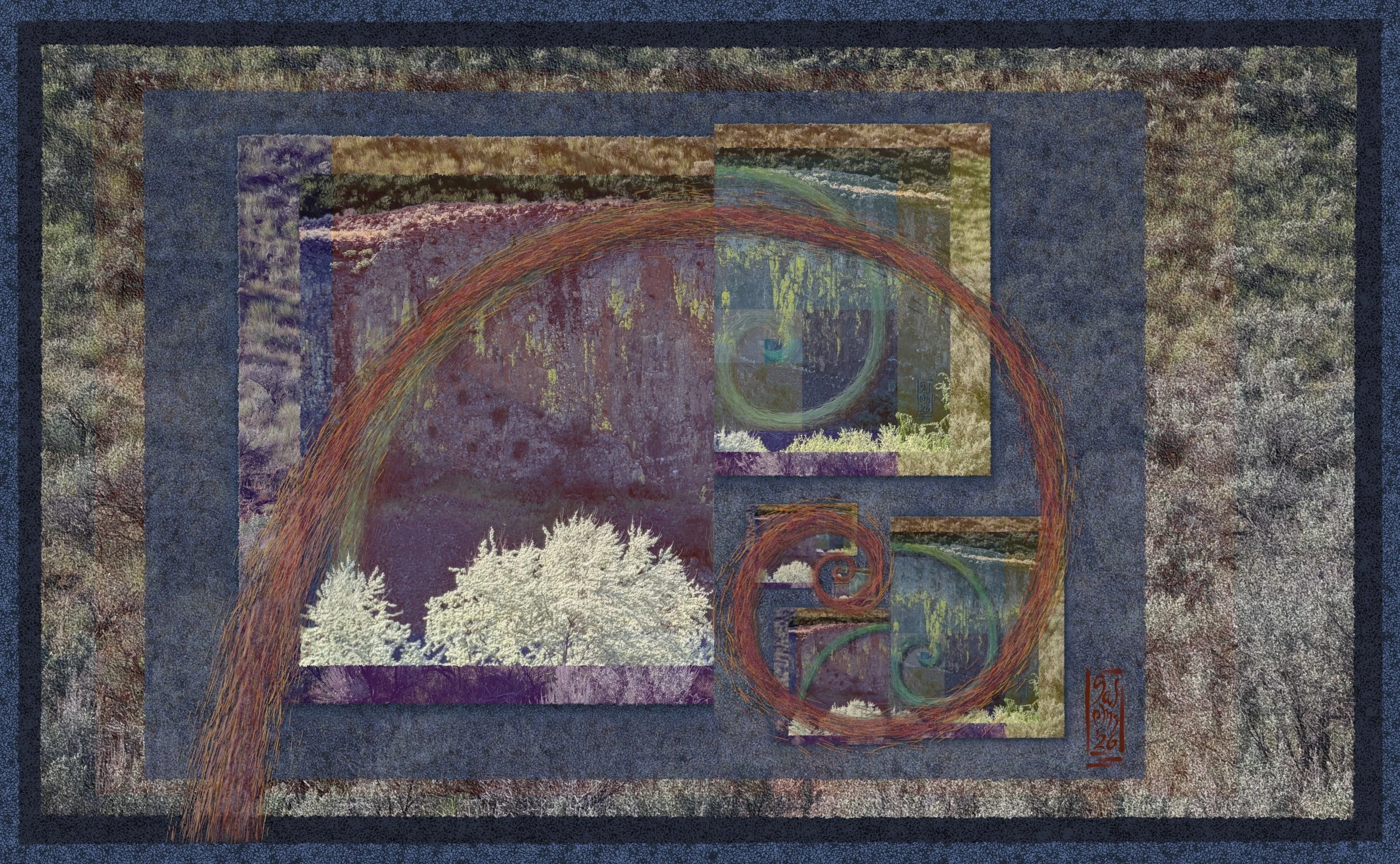 Abstract digital art featuring swirling spiral shapes, layered backgrounds, and contrasting textures with trees and natural elements incorporated into the design.
