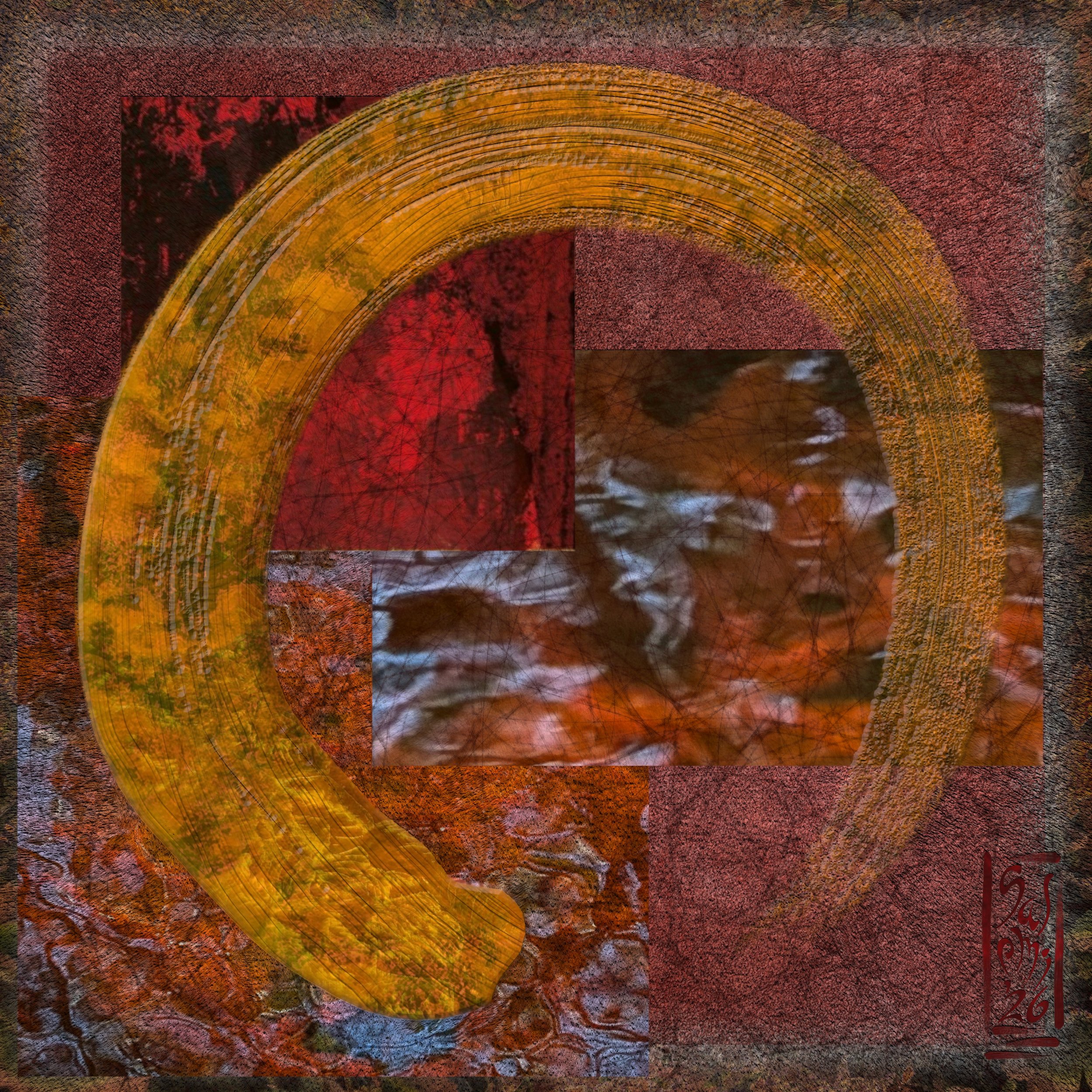 An abstract artwork featuring a golden enso / zen circle set against a textured red and brown background with layered geometric shapes.