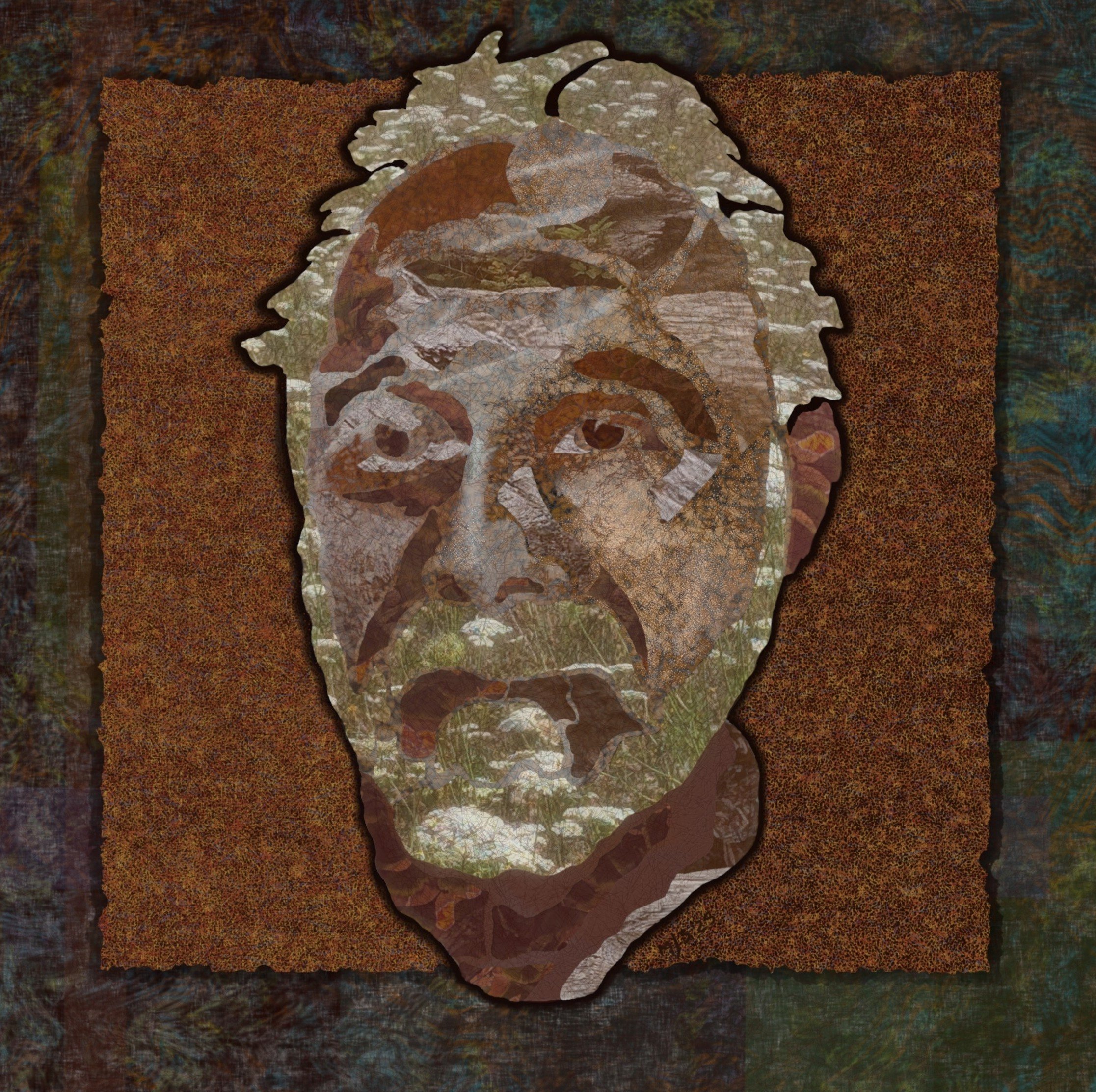 An abstract artwork depicting the artist's face constructed of layered leaves and intricate textures, set against a dark multicolored background.