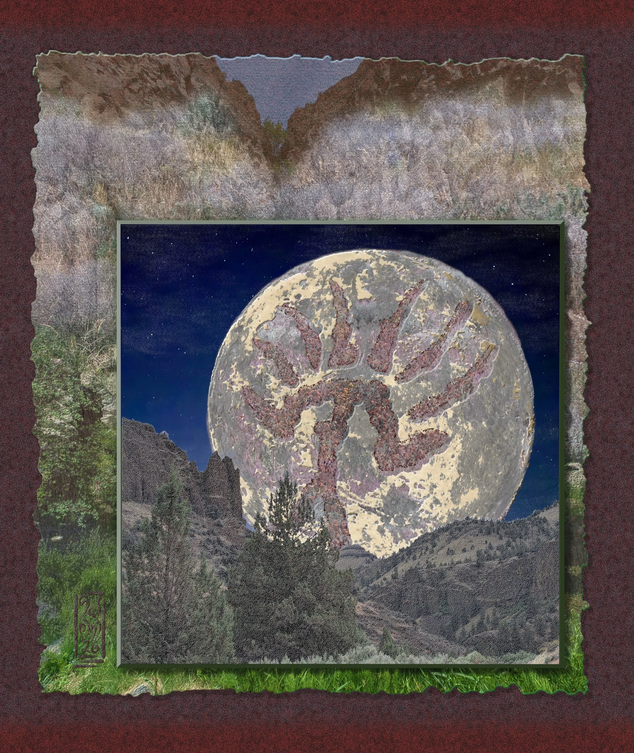Nighttime photograph of a large moon with trees and landscape in the foreground.