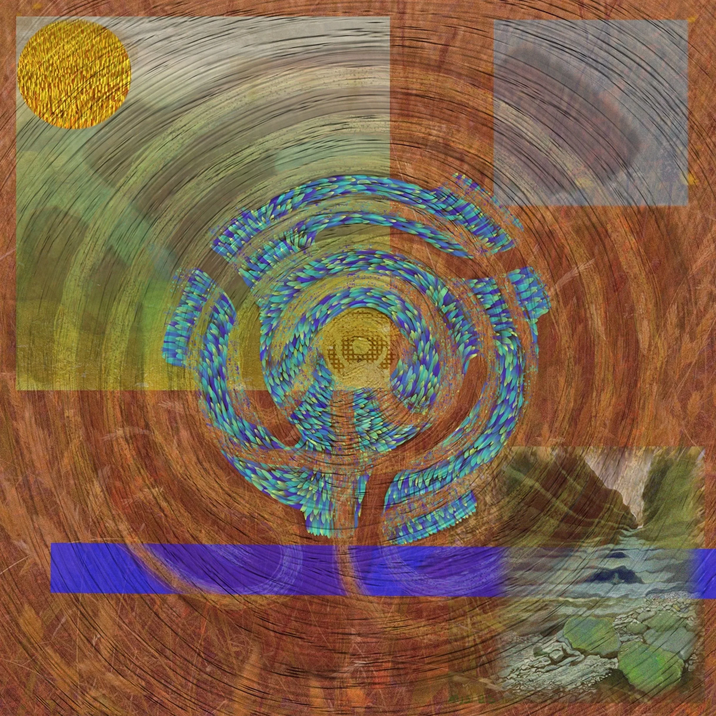 Abstract digital artwork with swirling patterns, vibrant colors, and geometric shapes on a textured background.