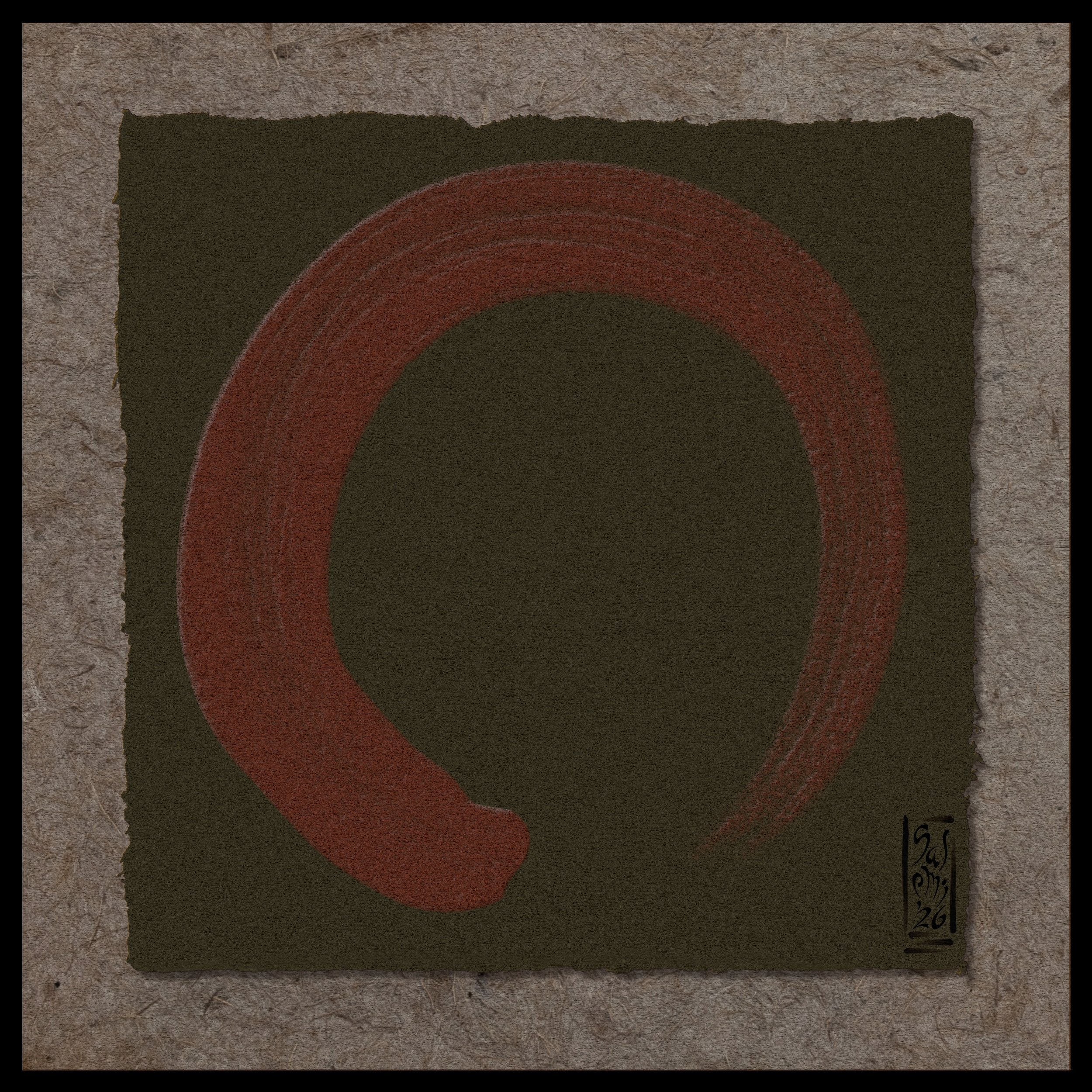 Close-up of a textured surface with a torn edges, featuring a red enso / Zen-circle on a dark background.