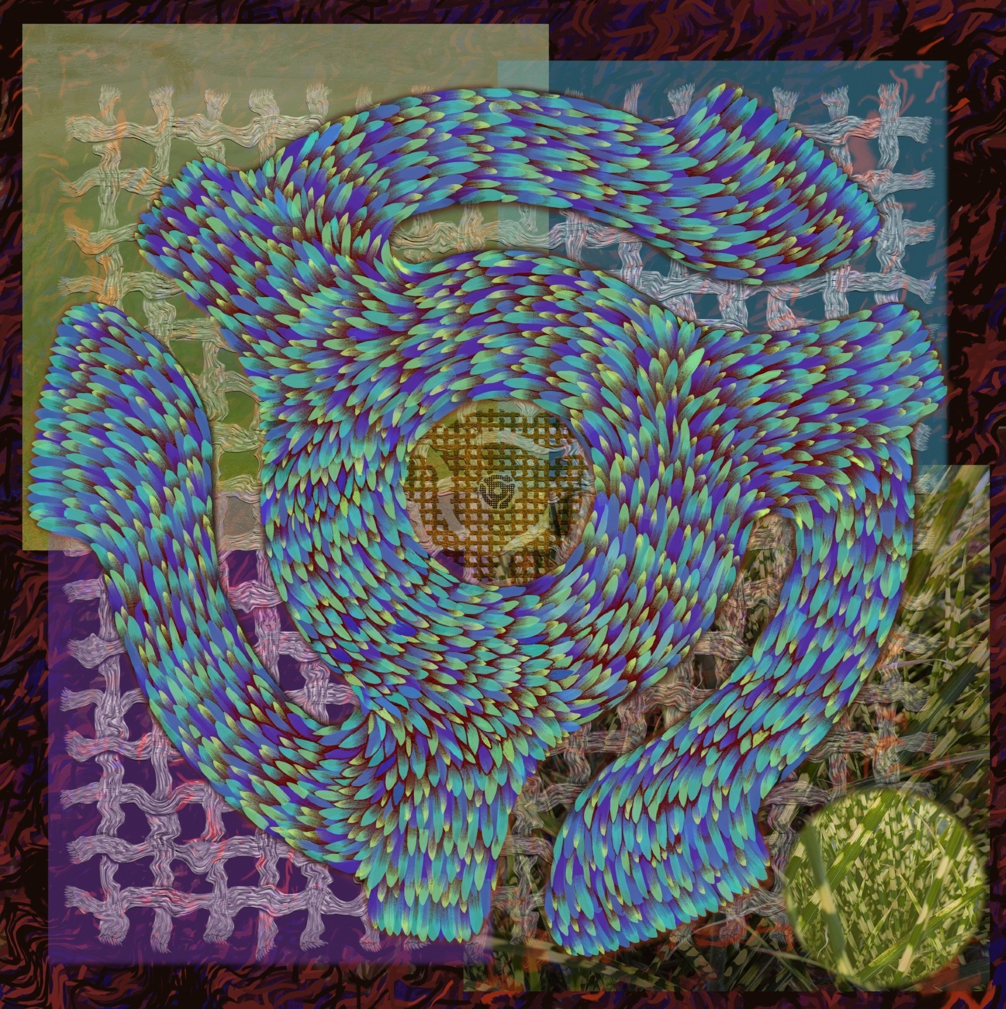 A colorful, digitally rendered image of a snake with a vibrant pattern of blue, green, and purple scales, curled around a wooden lattice structure. The background contains abstract, wavy textures in various colors.