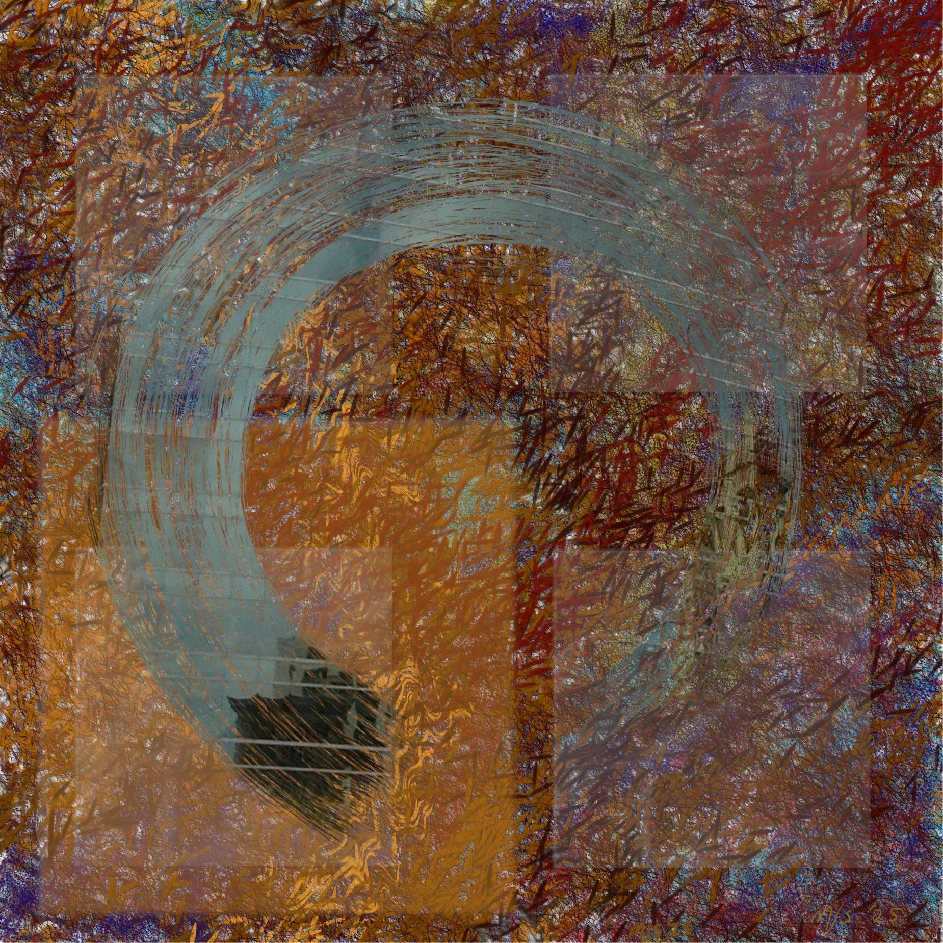 An abstract image featuring orange, yellow, and red colors with a bluish-gray enso or zen-circle