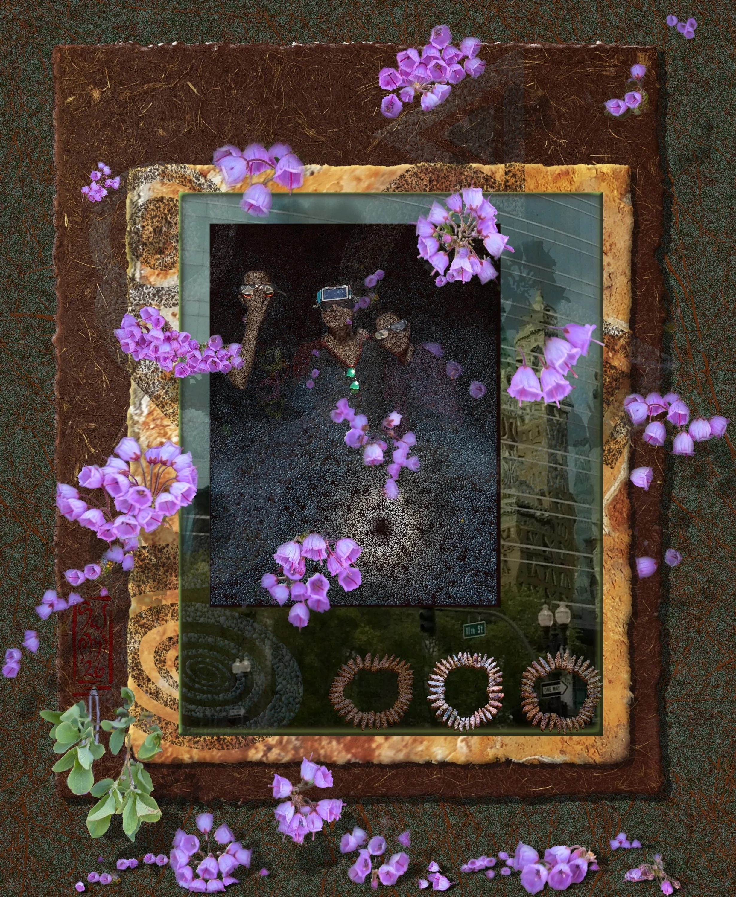 A collage of various textured decorative materials, including straw, fabric, and glass, decorated with pink and purple flowers, including petunias and eucalyptus leaves, with a reflected image of two people taking a photo in the center.