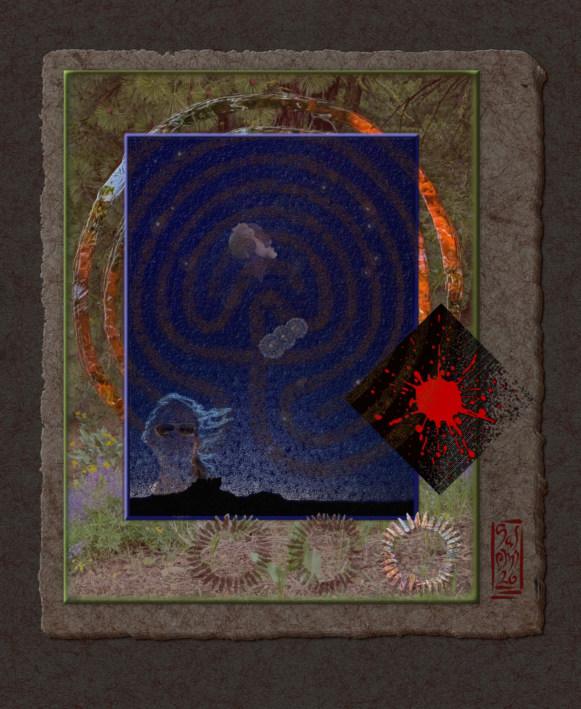 A digital artwork featuring a forest scene with a layered design, including a center square with a galaxy motif, in an Asian-inspired traditional art style, with decorative borders, colorful patterns, and a signature or seal in the bottom right corner.