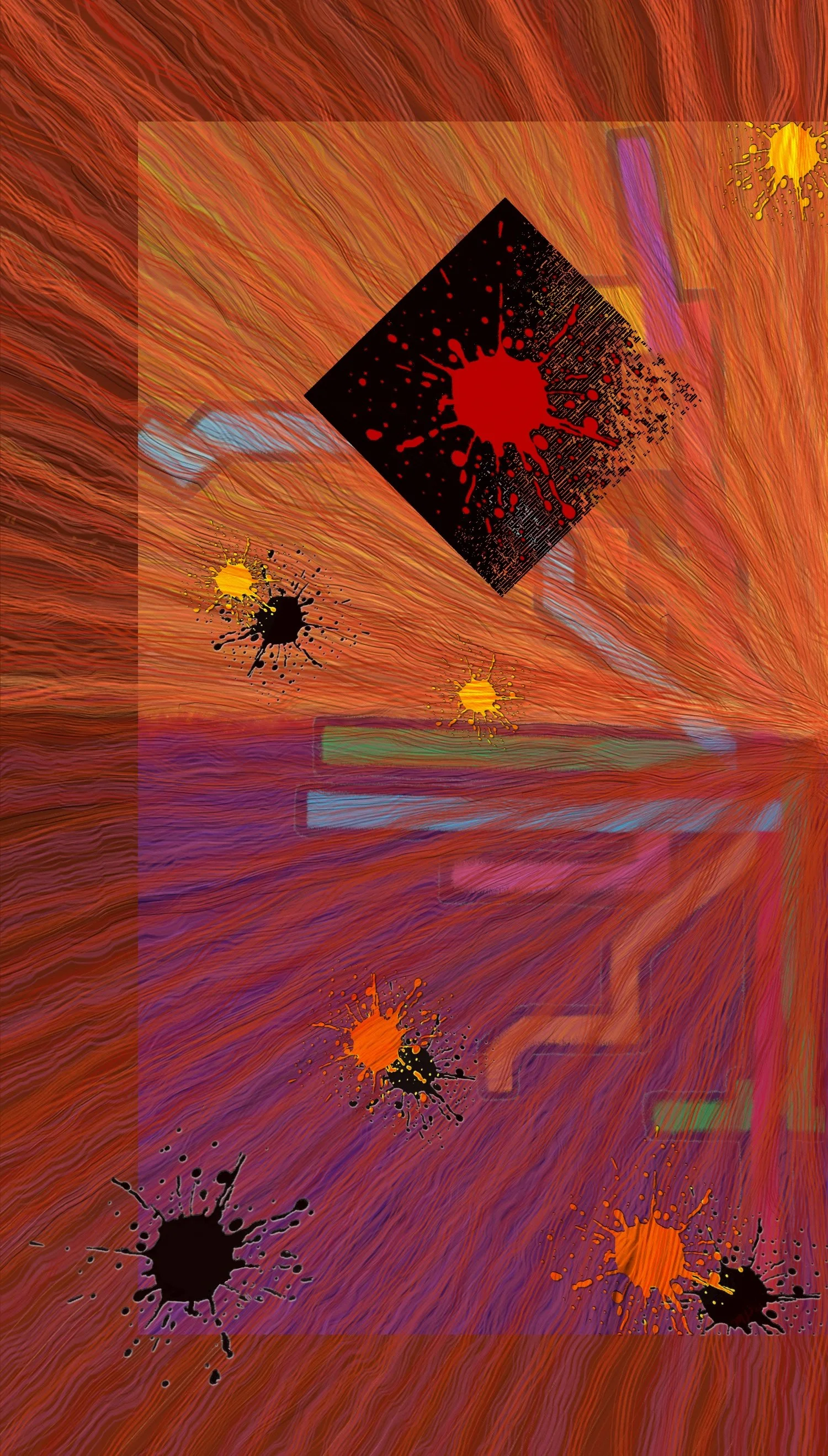 Abstract digital art with a dominant red and orange background, featuring black, yellow, purple, and blue paint splatters and a tilted black square with red paint splatter at its center.