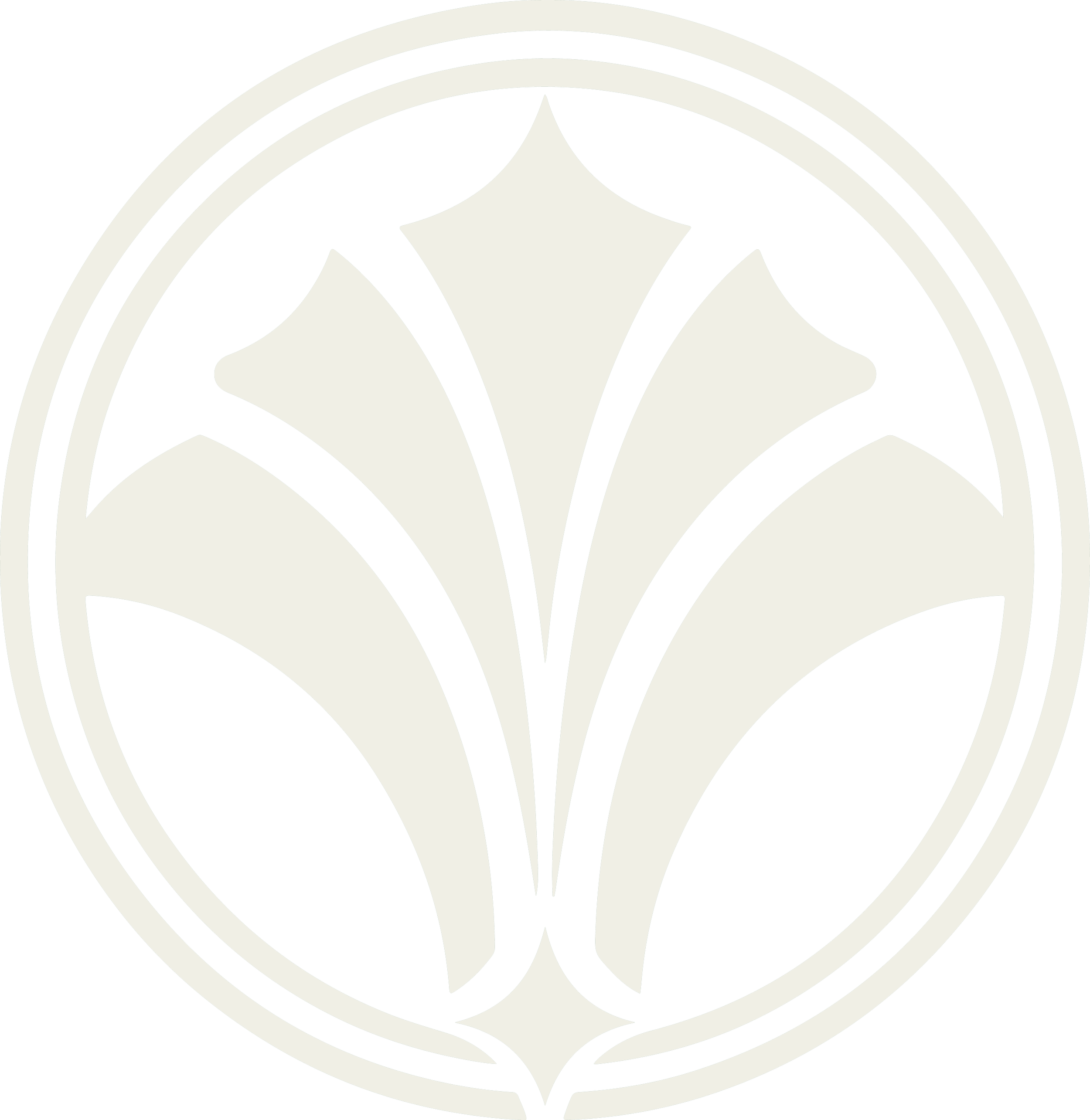 Black and white emblem with a stylized leaf or feather design at the center, surrounded by concentric circles.