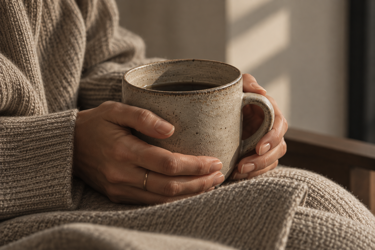 Person in a cozy sweater holding a mug of coffee or tea