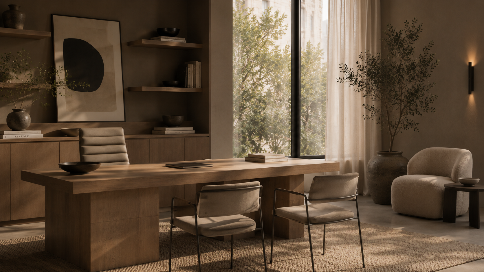 A stylish, modern office or meeting room with a large wooden table, three chairs, a comfortable armchair, a small side table, and large window with sheer curtains allowing natural light. Decor includes books, bowls, and potted plants, with earth-tone color palette.