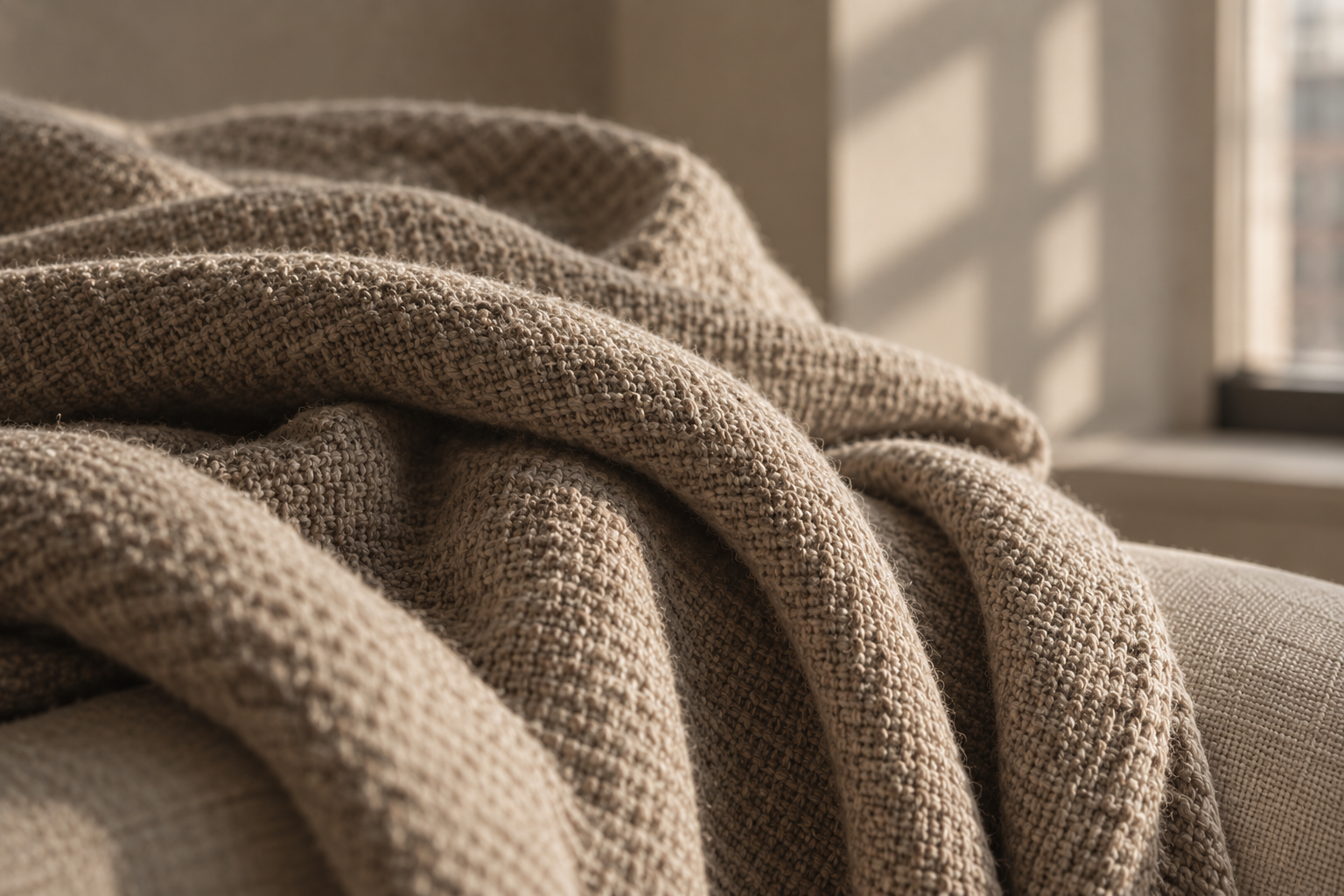 Close-up of a textured beige blanket in warm window light, representing somatic trauma work and nervous system support.