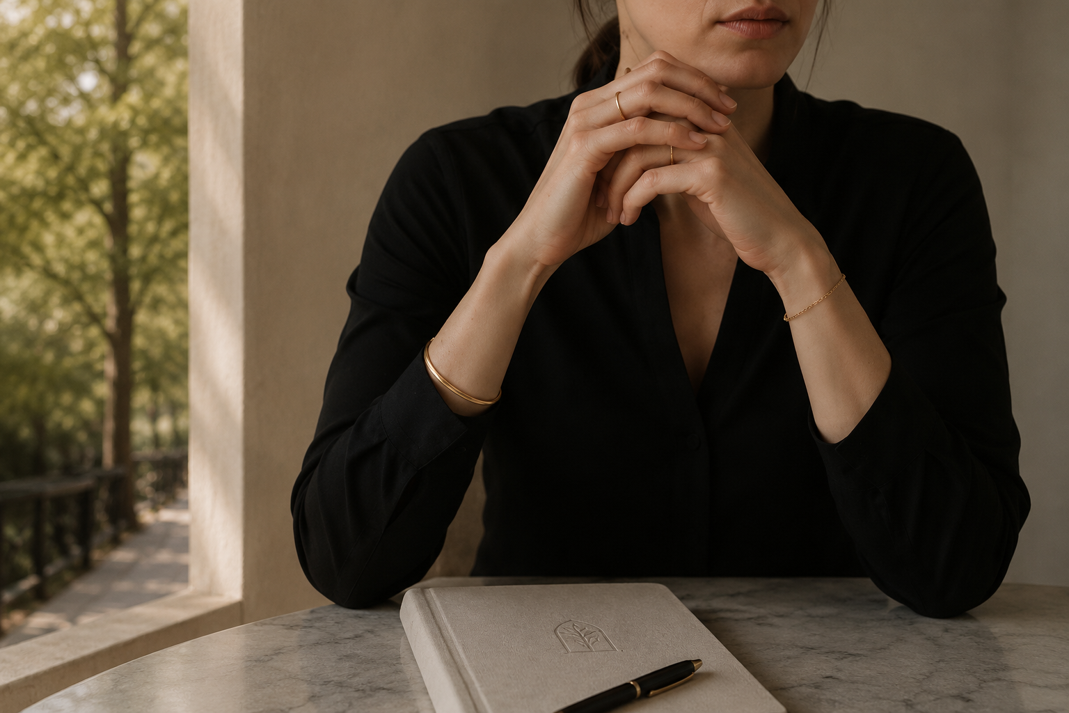 A woman sitting at a marble table with her hands clasped, wearing a black shirt and gold jewelry, with a notebook and pen on the table, and an outdoor scene with trees in the background.