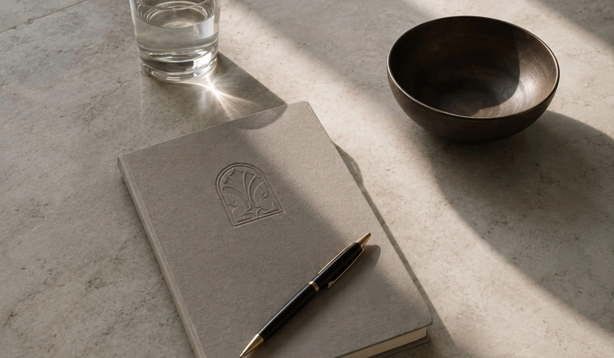 A clear glass of water, a black bowl, a light gray notebook with an embossed decorative emblem on its cover, and a black and gold pen are arranged on a light-colored stone surface with natural sunlight casting shadows.