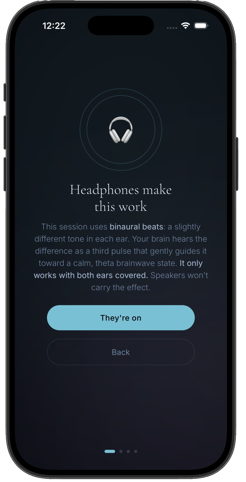 Orin App screen displaying a meditation app with instructions for using binaural beats with headphones. The screen shows a headphone icon, explanatory text, and a blue button labeled "They're on".