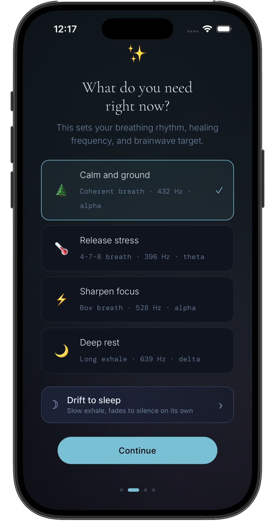 Mobile app screen with options for different breathing and meditation sounds, including Calm and ground, Release stress, Sharpen focus, Deep rest, and Drift to sleep. Each option shows a small icon, description, and audio frequency settings.