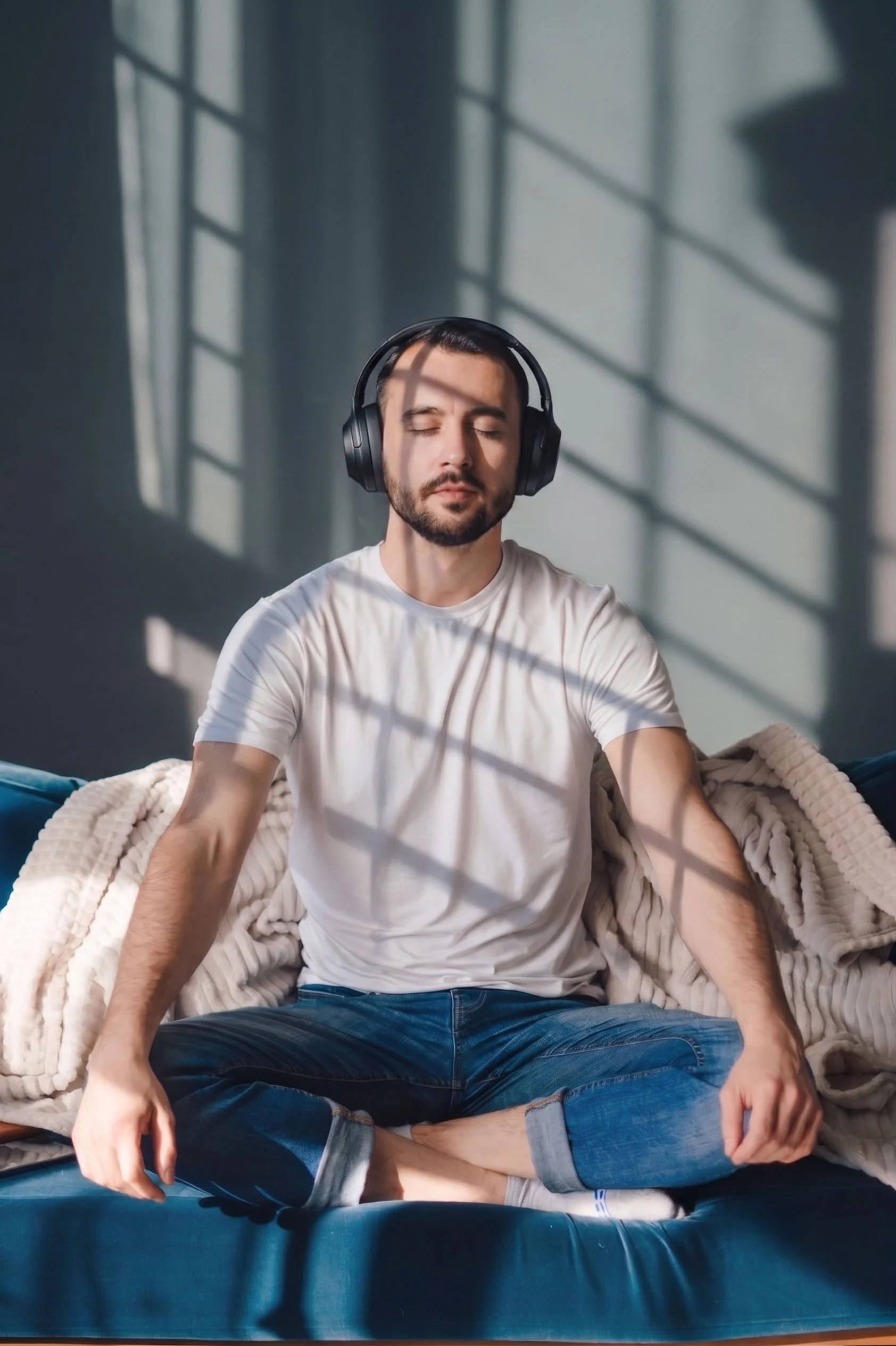 Orin App A man with closed eyes, sitting cross-legged on a couch, wearing headphones, a white t-shirt, and jeans, with sunlight casting shadows through a window onto the scene.
