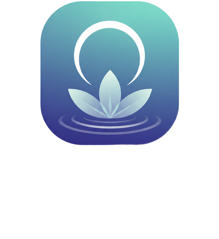 Orin App icon with a white lotus flower, a crescent moon above it, and ripples in water underneath, set against a gradient background from teal to dark blue.