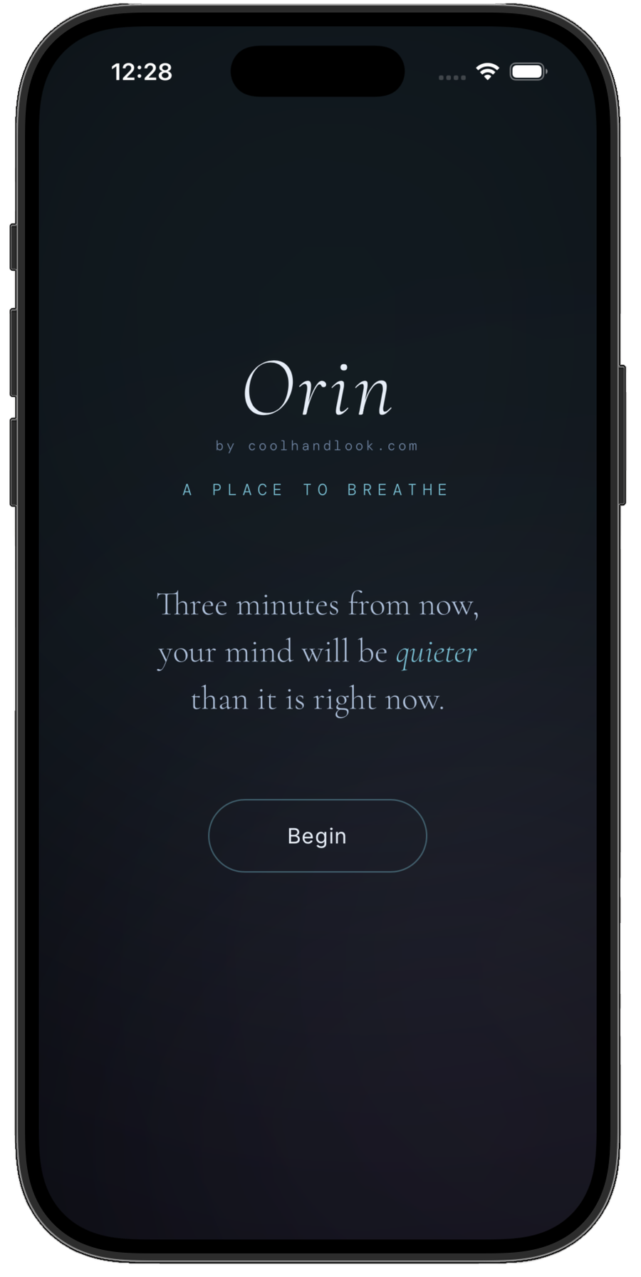 Orin App mobile phone screen displaying a meditation app titled 'Orin' by coolhandlook.com with a calming dark background, a message about calming the mind, and a 'Begin' button.