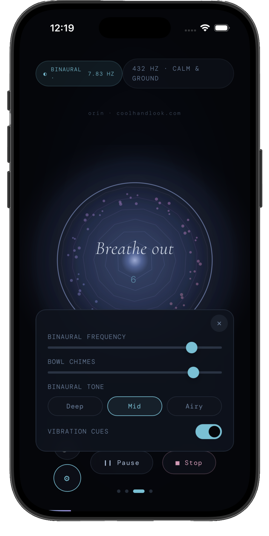 Orin App smartphone screen showing a meditation or sound therapy app with options to adjust frequencies, chimes, tone, and vibration cues. The display has a dark background with glowing circular graphics and the phrase "Breathe out" in the center.