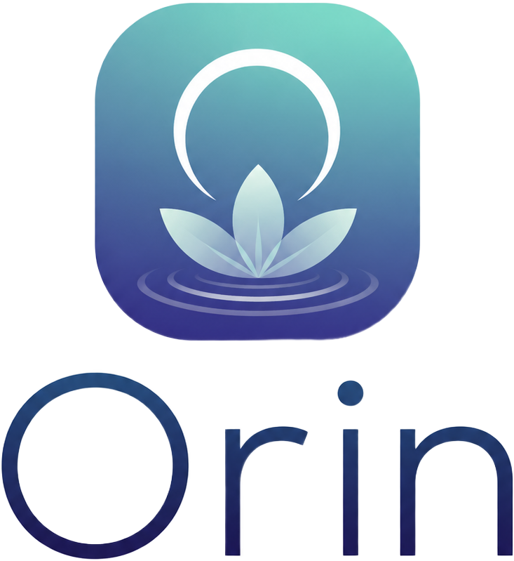 Orin App icon with a stylized lotus flower and crescent moon above water ripples on a blue-green background.