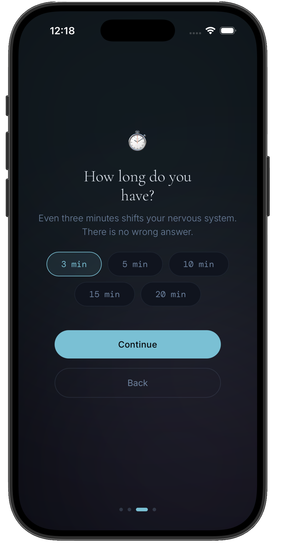 Orin App smartphone screen displays a sleep tracking app asking 'How long do you have?' with options for 3, 5, 10, 15, and 20 minutes, and a 'Continue' button.