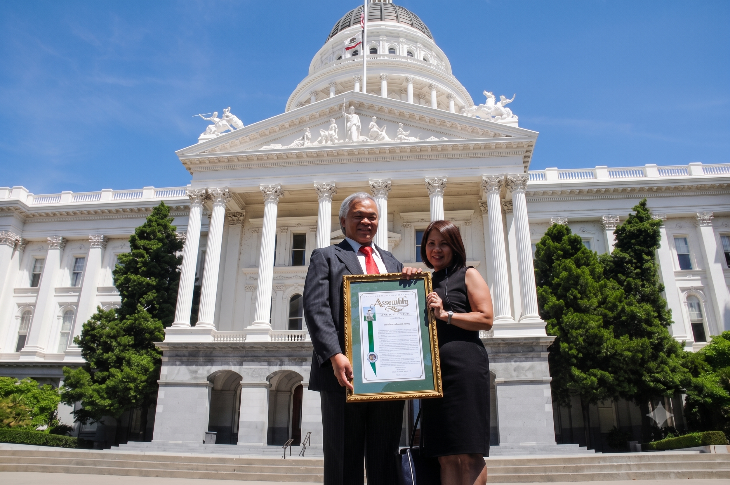 A man and woman standing together in front of the California State Capitol building, holding a framed certificate. The building is white with classical columns and sculptures on the roof, under a clear blue sky.