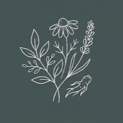 White line drawing of a flower with leaves, a smaller flower, and a hummingbird on a dark background.