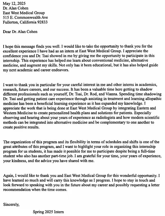 Letter from an intern to Dr. Alan Cohen, dated May 12, 2025, expressing gratitude for internship opportunity at East West Medical Group, discussing learning experiences, patient care, and appreciation for support and guidance.