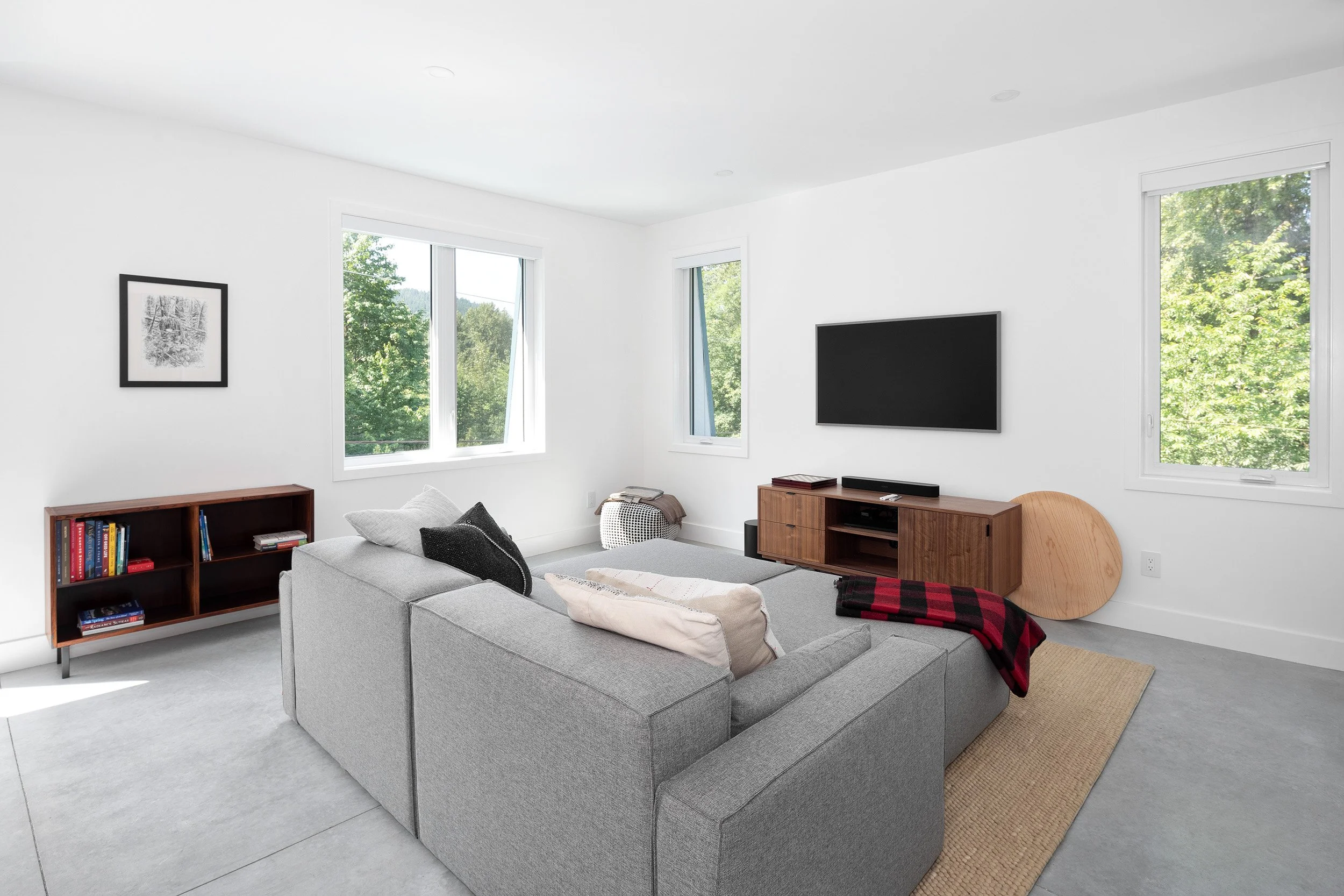 Bright living room with large windows, a flat-screen TV, gray sofa, wooden bookshelf with books, and a beige rug.