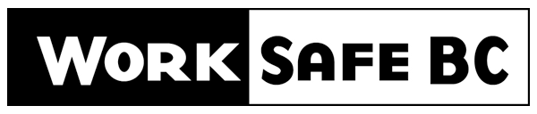 Text-based graphic with black and white background, displaying the words 'WORK SAFE BC' in bold uppercase letters, split into two sections.