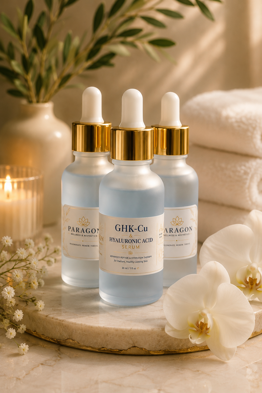 Three bottles of skincare serum with gold and white caps, one labeled GHK-Cu & Hyaluronic Acid Serum, on a marble tray surrounded by white orchids, a vase with green leaves, candles, and towels.
