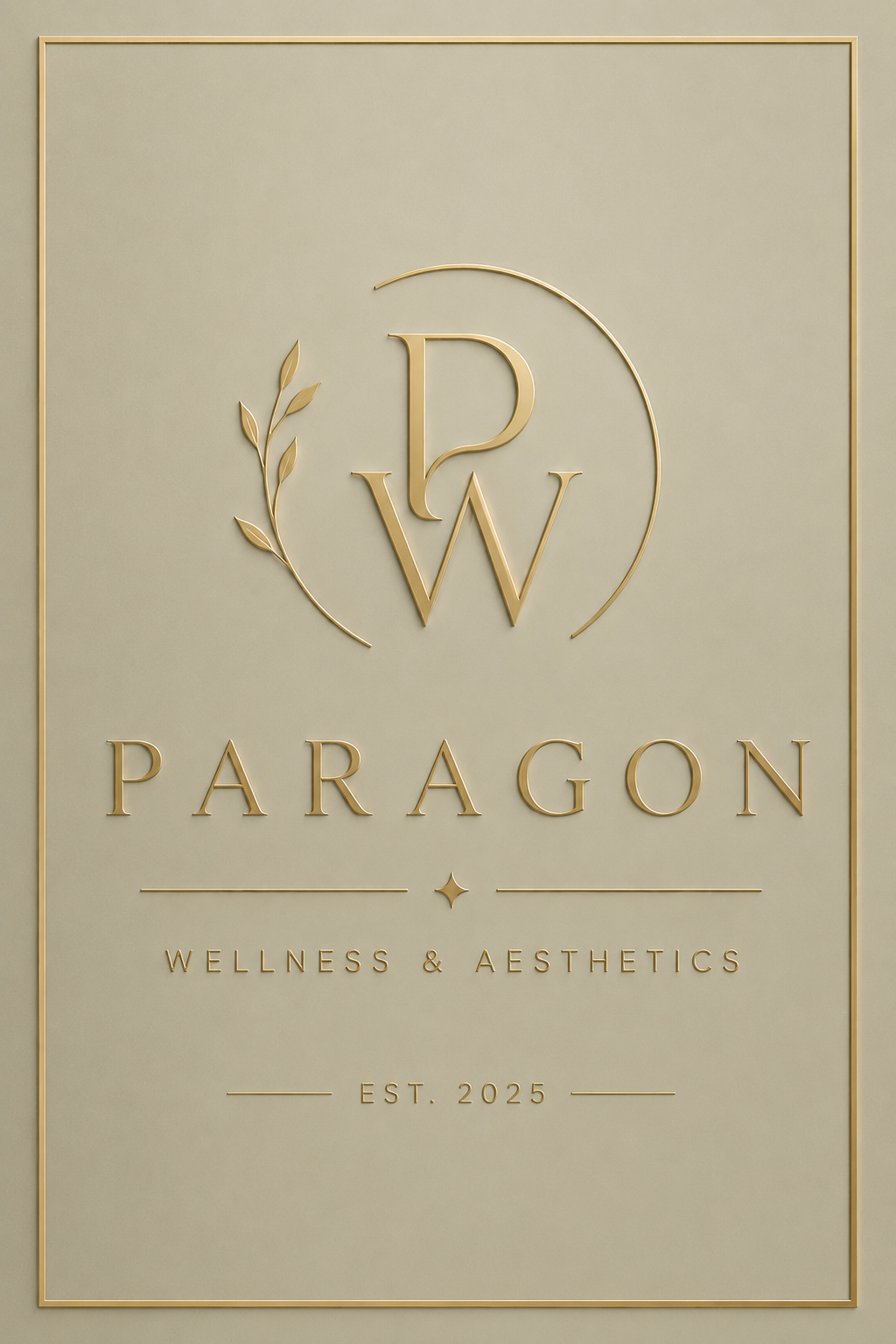 Elegant sign for Paragon Wellness & Aesthetics with gold lettering and logo on a beige background.