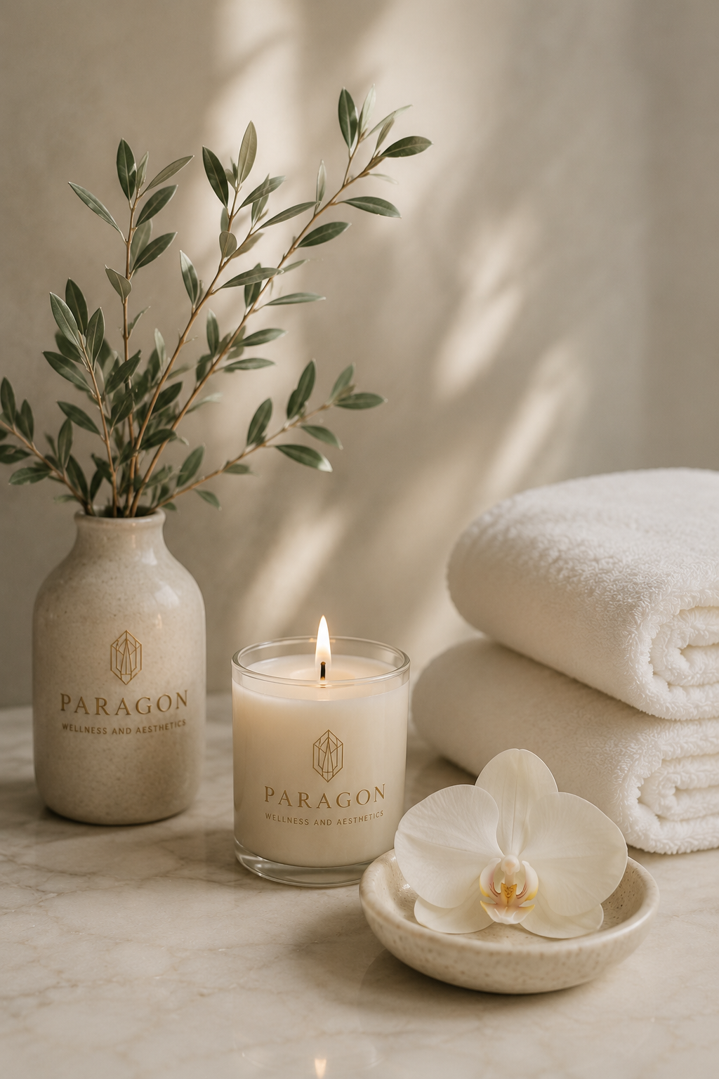 A beige vase with green leafy branches, a lit white candle in a glass container, two neatly folded white towels, a white orchid flower in a small bowl, all on a marble surface with soft natural lighting.