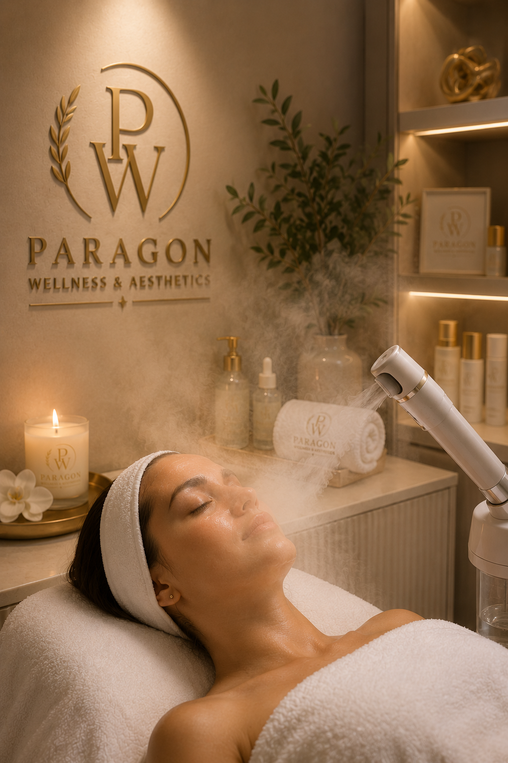 A woman receiving a facial treatment at a wellness spa, lying on a treatment bed with a towel and headband, steam or mist being directed at her face from a device, with spa products and a lit candle on a counter in the background.