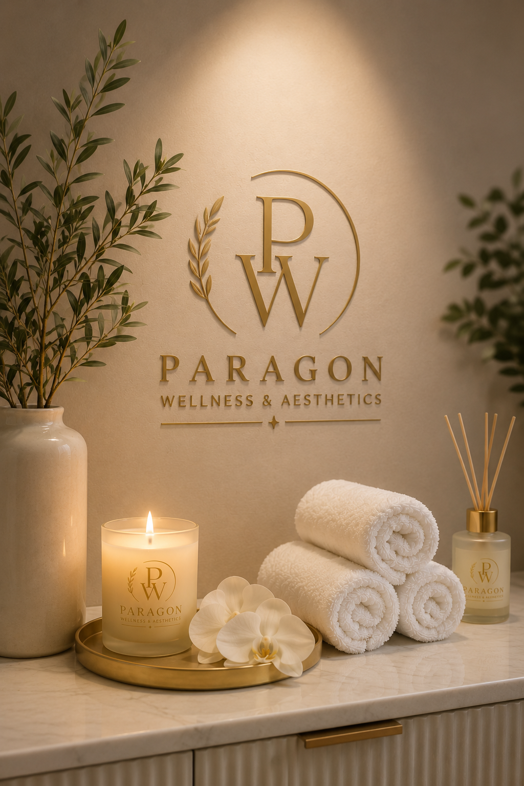 Interior of a wellness and aesthetics spa with a lit candle, rolled white towels, a diffuser with reed sticks, and green plants, with a wall sign reading 'Paragon Wellness & Aesthetics'.