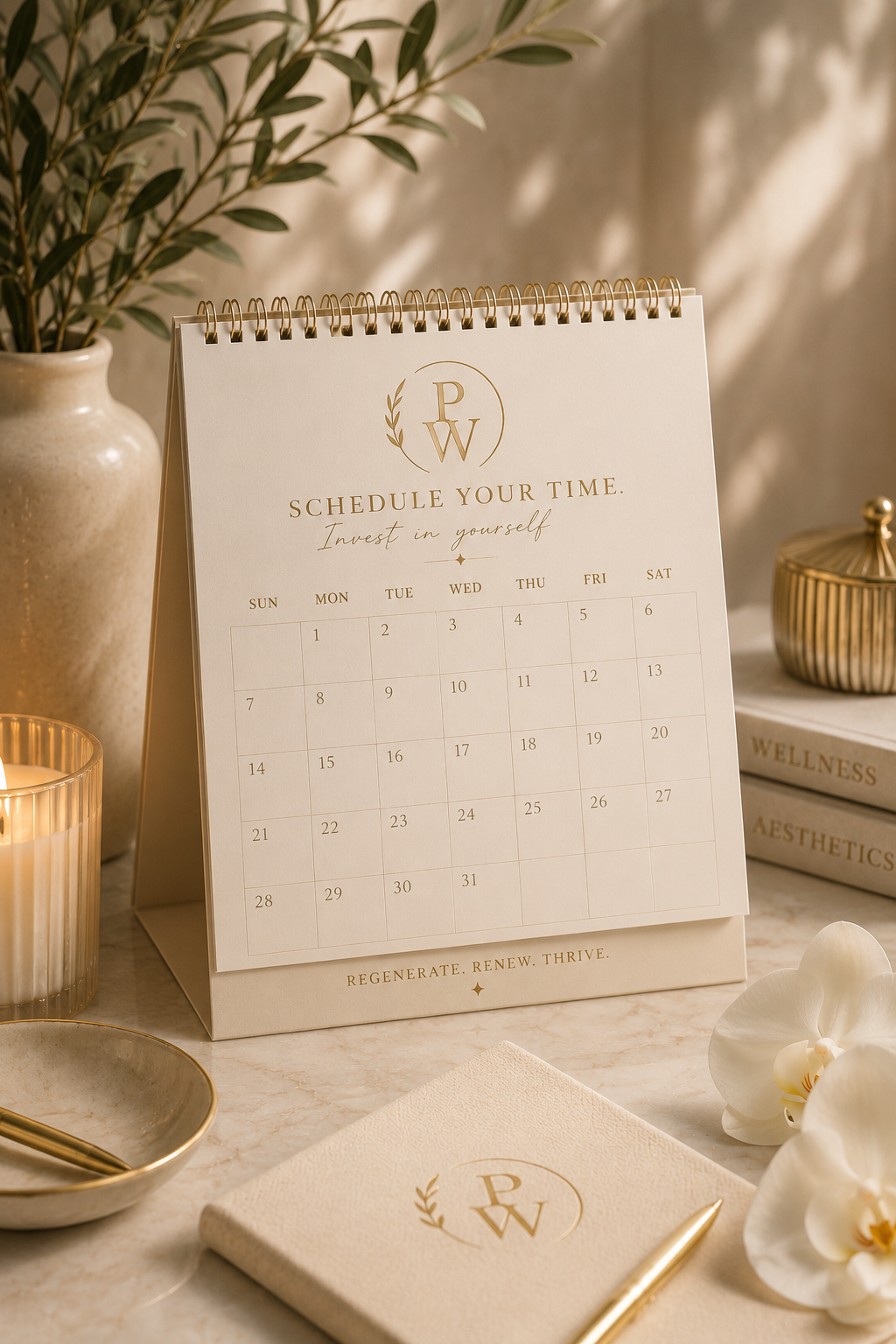 A desk calendar displaying the month, with the words 'Schedule Your Time' and 'Invest in Yourself', surrounded by decorative items including a plant in a beige pot, a candle in a glass holder, a gold-striped container, a stack of wellness books, a closed notebook with a logo, and an orchid flower.