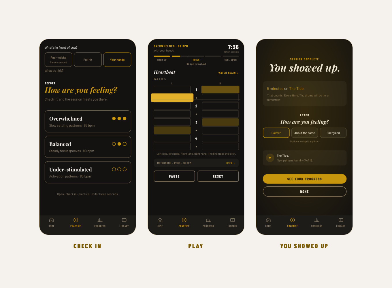 Three Beatwired screens: the check-in with three answers, the session screen with the rhythm grid and metronome, and and the session complete screen.