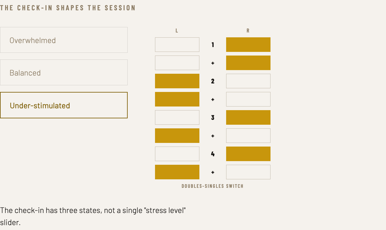The app's three check-in states, Overwhelmed, Balanced, and Under-stimulated, with Under-stimulated selected, next to a rhythm grid of the Doubles-Singles Switch pattern.