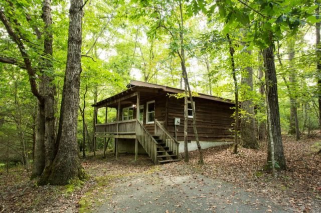 Wooden cabin with a porch and stairs surrounded by trees in a forest