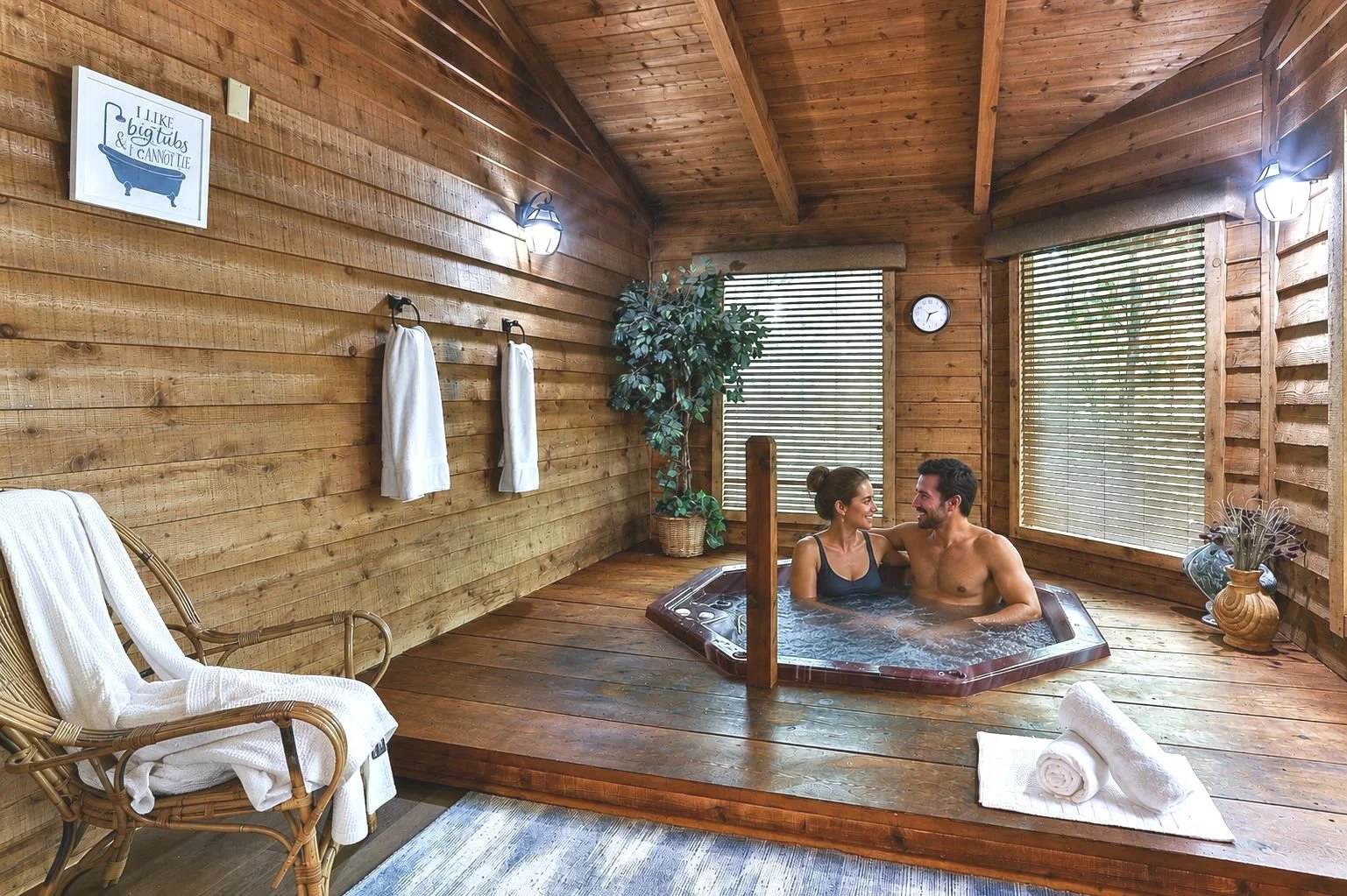 Couple sitting in a hot tub in the Serenity Cabin