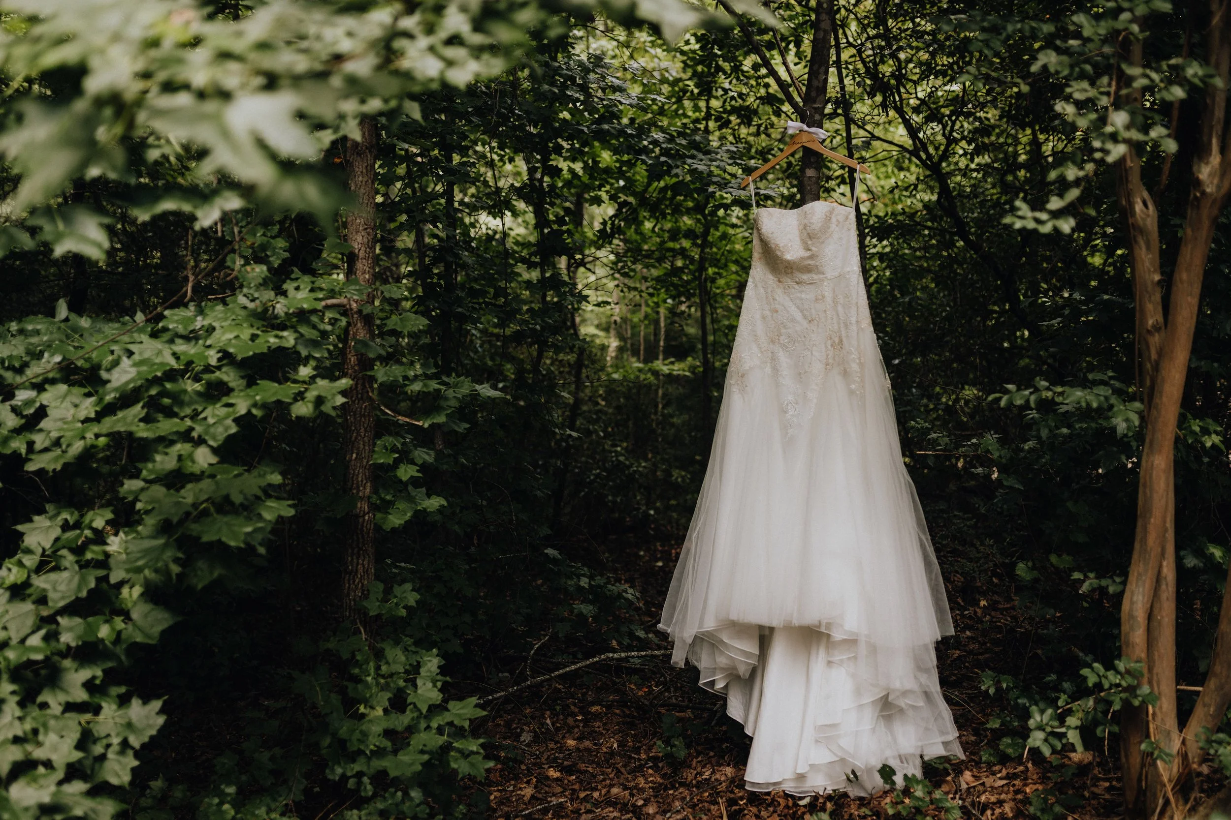 A wedding dress hanging on a wooden hanger tied to a tree in a forest with leafy green foliage surrounding it.