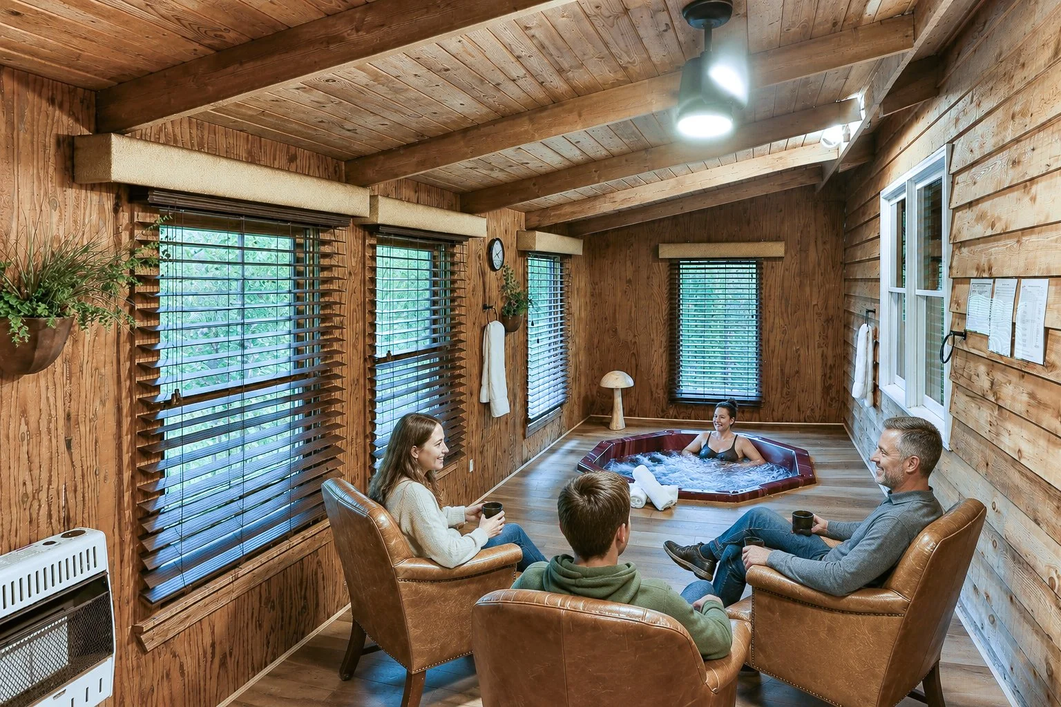Family sitting in a room with a hot tub enjoying talking and the hot tub.