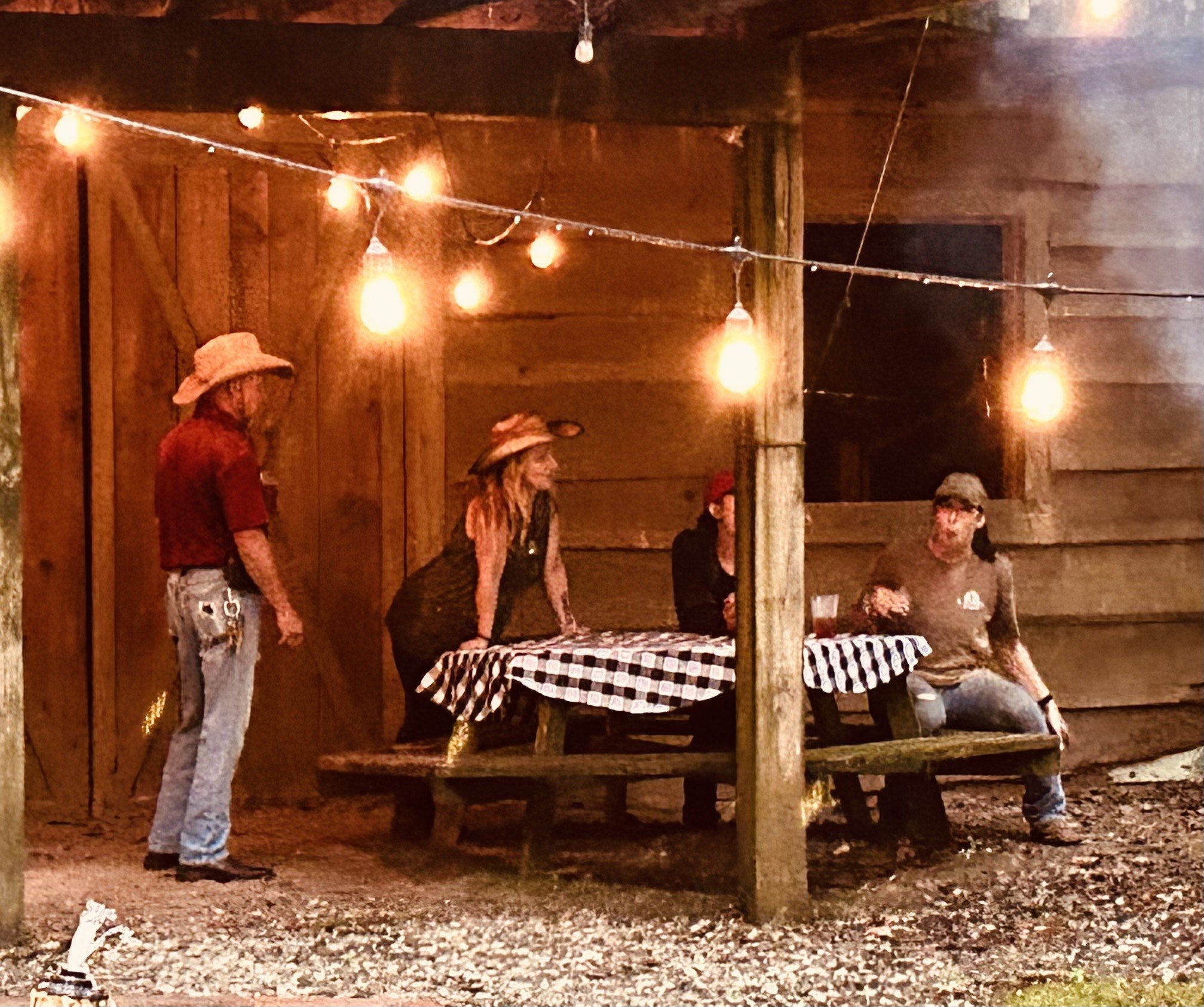 Nighttime outdoor gathering with string lights, a rustic wooden wall, a table with a checkered tablecloth, and people wearing hats, some seated and some standing.