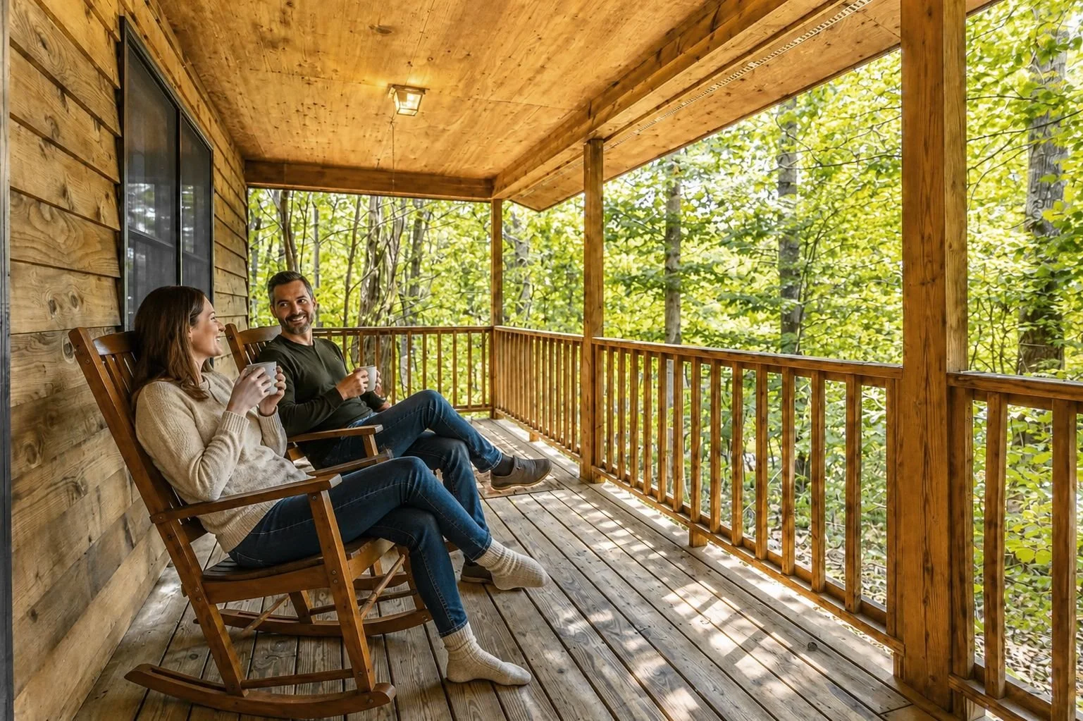 Couple enjoying coffee in rocking chairs on a private cabin porch at Forrest Hills Resort in North Georgia