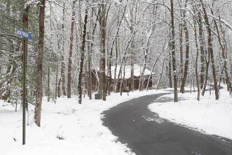 Snow-covered wooded area with a winding paved path and a house in the background, near a street sign that reads 'Honeymoon'