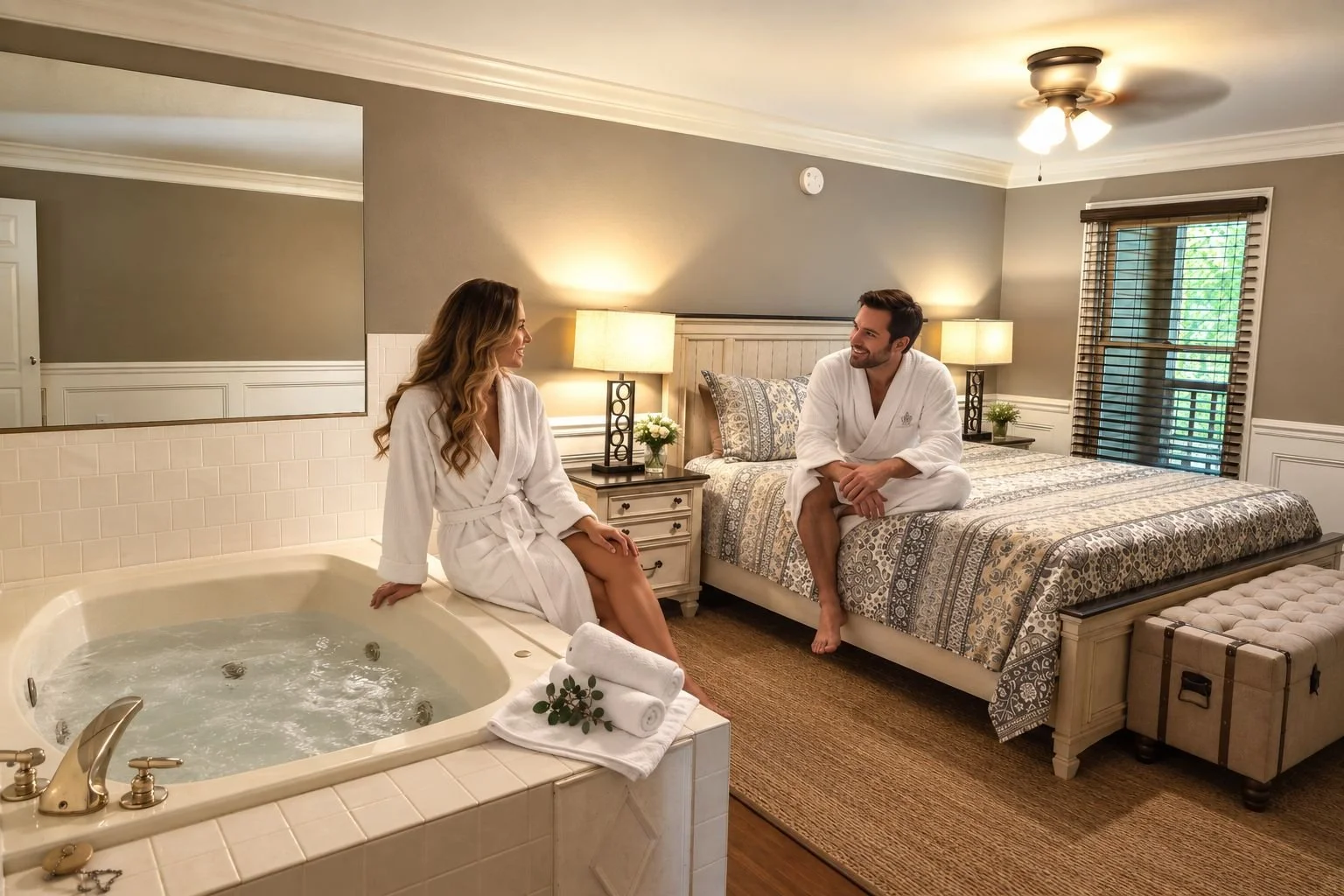 Master bedroom on ground floor with jacuzzi tub and 50inch TV