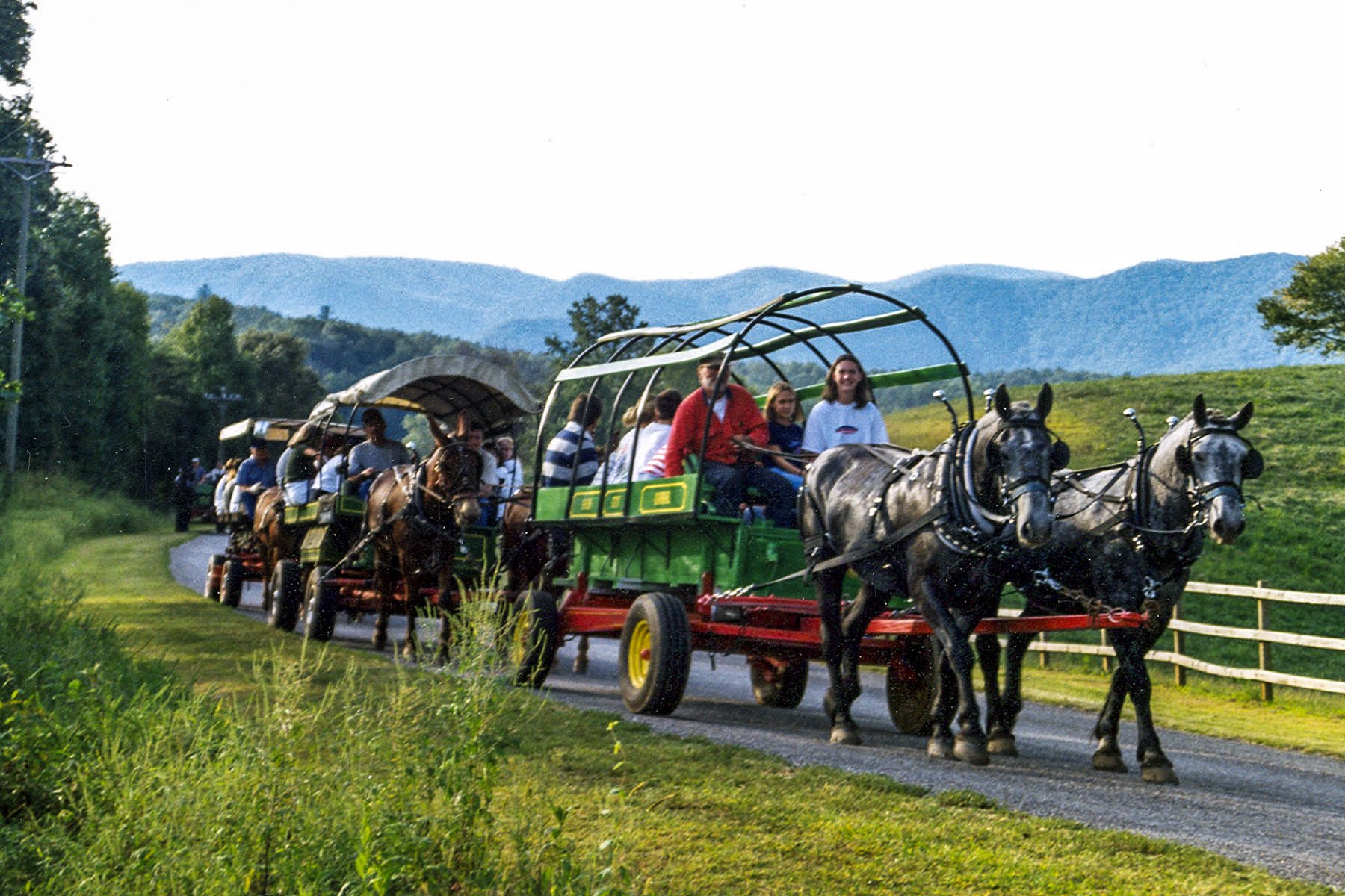 A horse-drawn carriage with multiple seats carrying people, traveling along a paved path in a rural setting with green grass, trees, and blue mountains in the background.