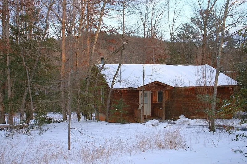 A wooden cabin with a snow-covered roof in a forested area during winter, surrounded by leafless trees and snow on the ground.