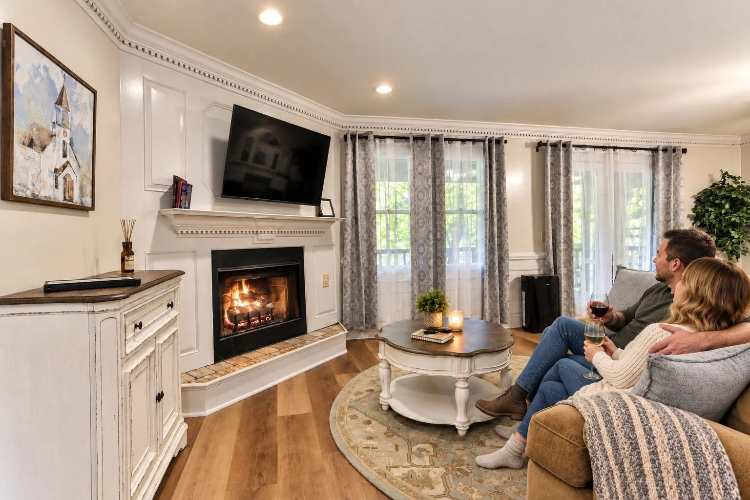 Couple snuggled up in front of the fireplace in the Serenity Cabin at Forrest Hills Resort