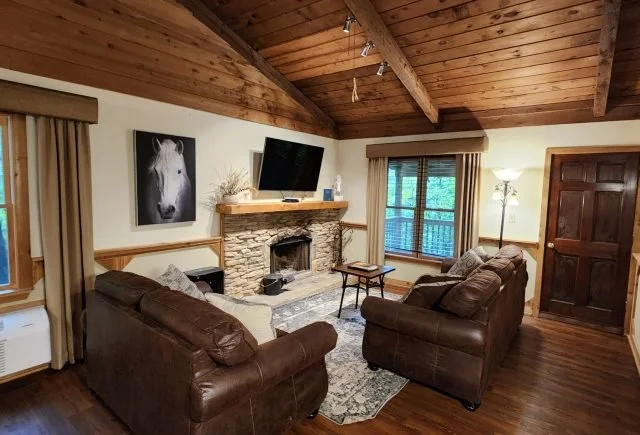 Cozy living room with a stone fireplace, two leather sofas, a flat-screen TV, large windows with curtains, and wooden walls and ceiling.